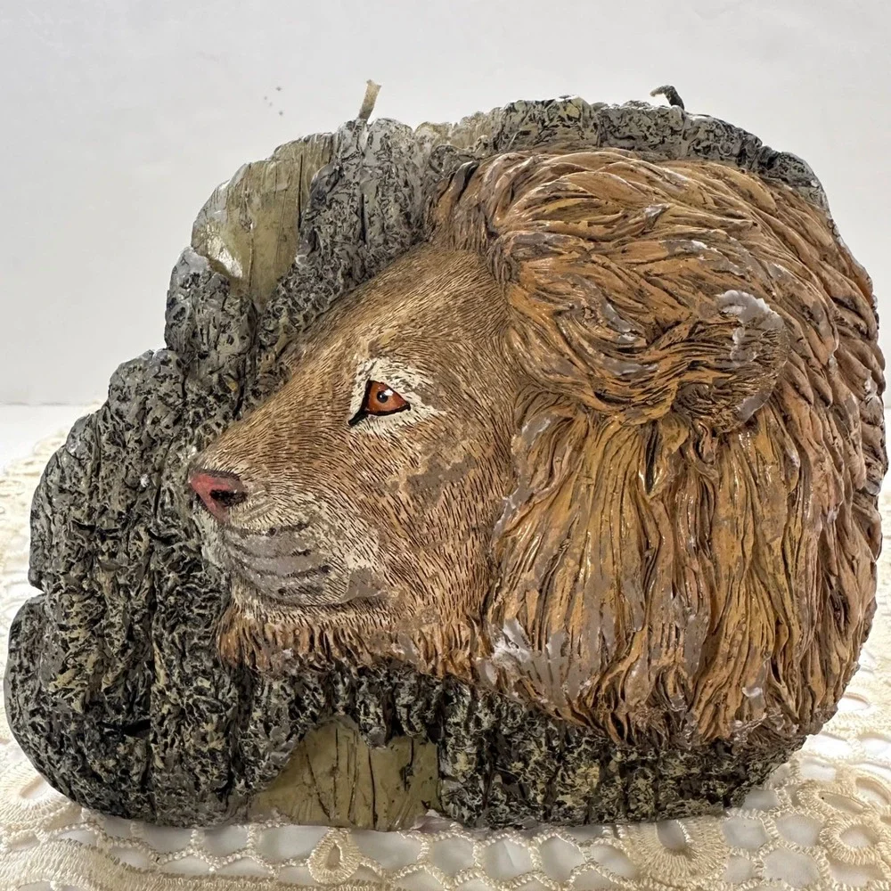 Realistic Hand‎ Carved Lion Head Candle Artisan Decor Safari Core Unburned